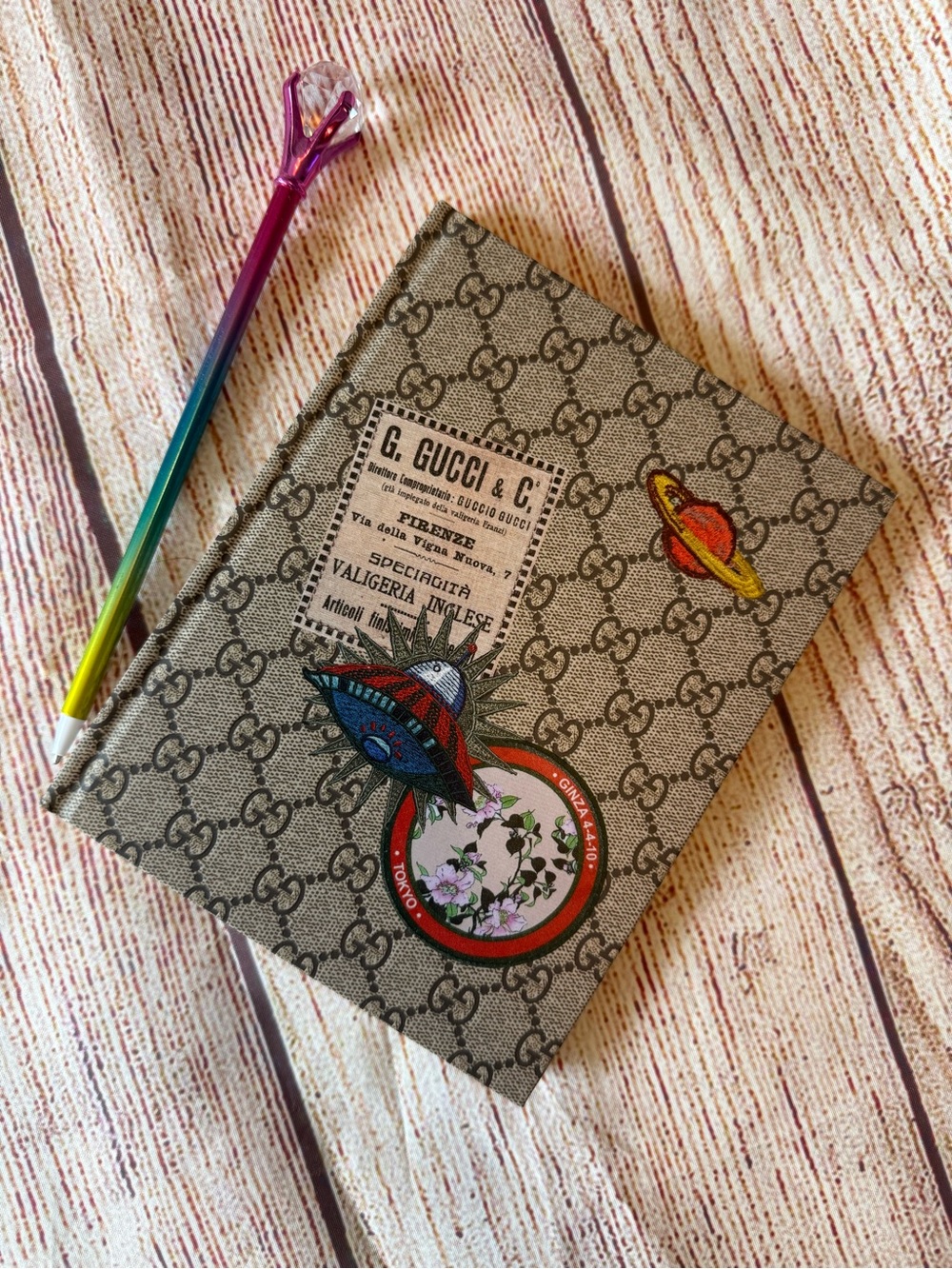 Gucci Beige Monogram Notebook with Colorful Space Patches